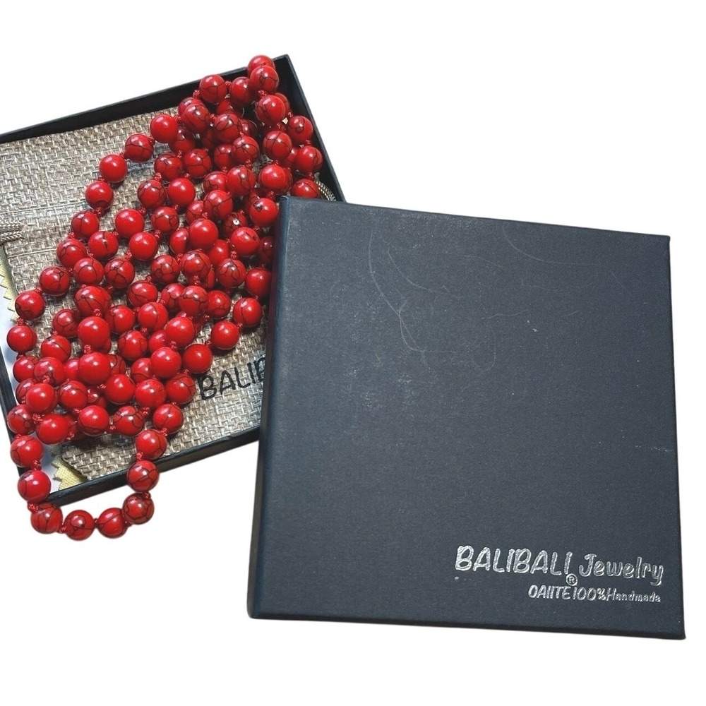 BALIBALI Jewelry Red Turquoise Beaded Long Necklace Handmade Knotted Strand